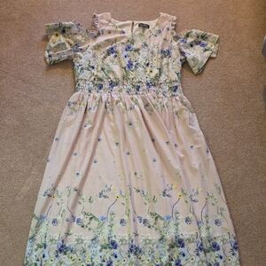 Suzanne Betro Cream Dress with Blue and Green Florals